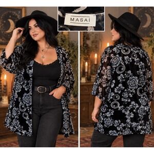 Masai Black/Gray Floral Burnout Velvet Open Front Kimono Cadigan 3/4 Slv Size XL